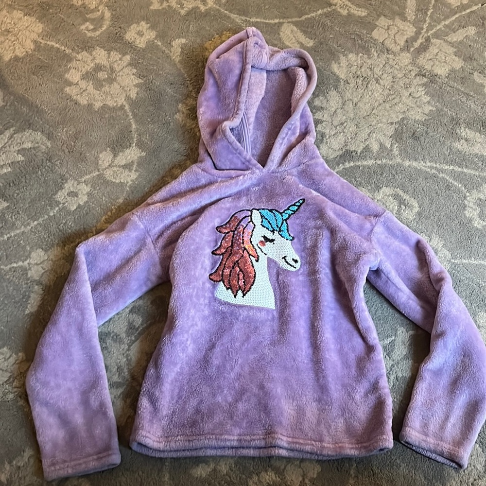 🦄 Euc girls BCBG unicorn sequin thick soft hoodie size 7/8